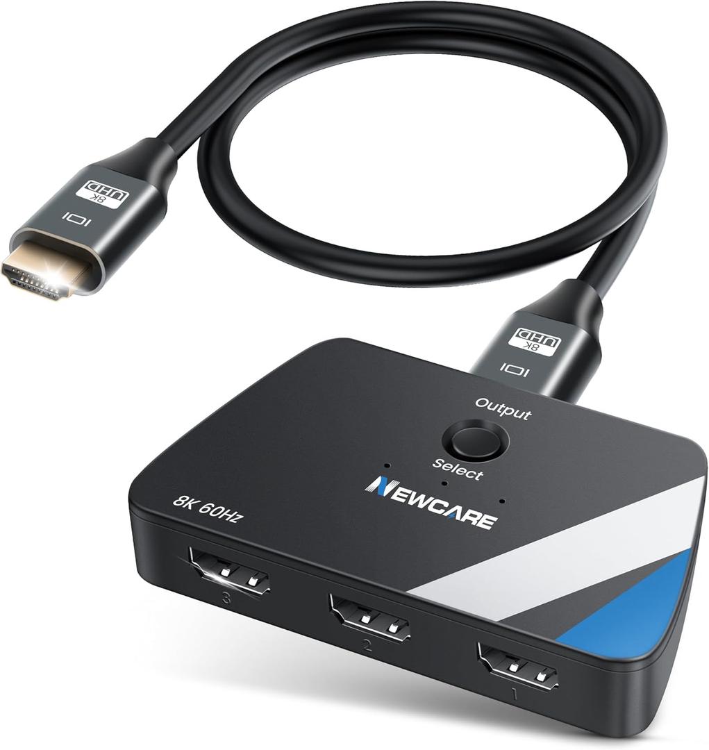 NEWCARE HDMI Switch 3 in 1 Out 8K@60Hz, HDMI 2.1 Splitter 4K@120Hz with 2.6 ft HDMI 2.1 Cable, HDMI Switcher Supports HDR10+ Dolby 3D VRR ALLM HDCP2.3, Compatible with TV PS5/4 Xbox Laptops Projector