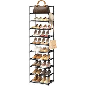 Narrow Shoe Rack 10 Tiers Tall Shoe Rack for Entryway 20 24 Pairs Shoe & Boots Organizer Storage Shelf Durable Black Metal Stackable Shoe Cabinet with Hooks, 17.1D x 11.8W x 78.7H in