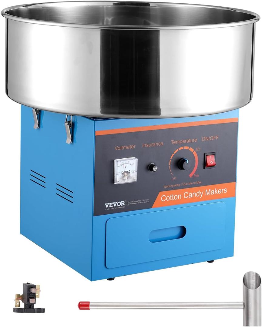 VEVOR Electric Cotton Candy Machine, 1000W Candy Floss Maker, Commercial Cotton Candy Machine with Stainless Steel Bowl, Sugar Scoop, and Drawer, Perfect for Home Kids Birthday, Family Party, Blue