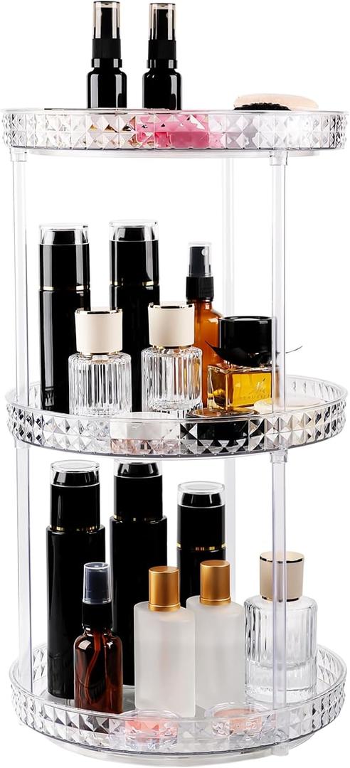 360 Clear Rotating Makeup Organize for Vanity,3 Tiers Lazy Susan with Diamond Pattern, Large-Capacity Skincare Organizers Cosmetic Display Case Organizer for Dresser (Clear White, 3Tiers)