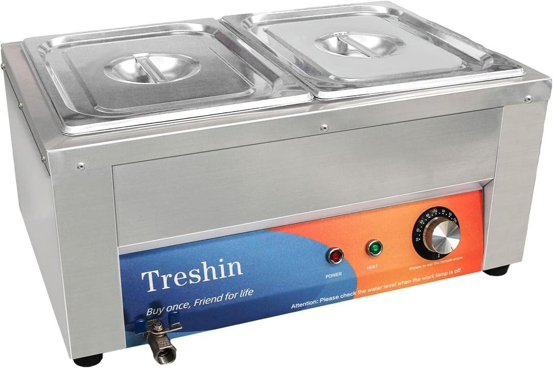 Treshin 2 Pan Commercial Food Warmer 21 Qt Capacity 1200W Stainless Steel Electrical Bain Marie Buffet Food Warmer Steam Table with Temperature Control & Lid for Home, Party, Catering, Restaurants