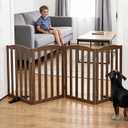 ZJSF Foldable Freestanding Indoor Dog Gate for House Wood Long Pet Gates Dog Fence for Stairs Puppy Gates for Hallways, Puppy Gate,Support Feet Included, Brown, 24 "Height-4 Panels