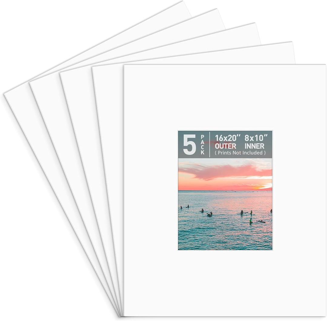 Golden State Art, Pack of 5, Pre-Cut 16x20 Picture Mats Bevel Edge 7.5x9.5 Opening for 8x10 Photos, White