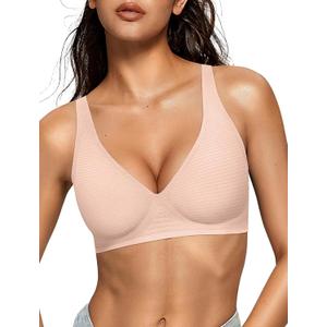 OEAK Women's Deep V Bras Wireless Comfortable Bra Supportive No Underwire Bras T-shirt Push Up Bralettes Plunge Seamless Bra (Medium, Cool Nude)