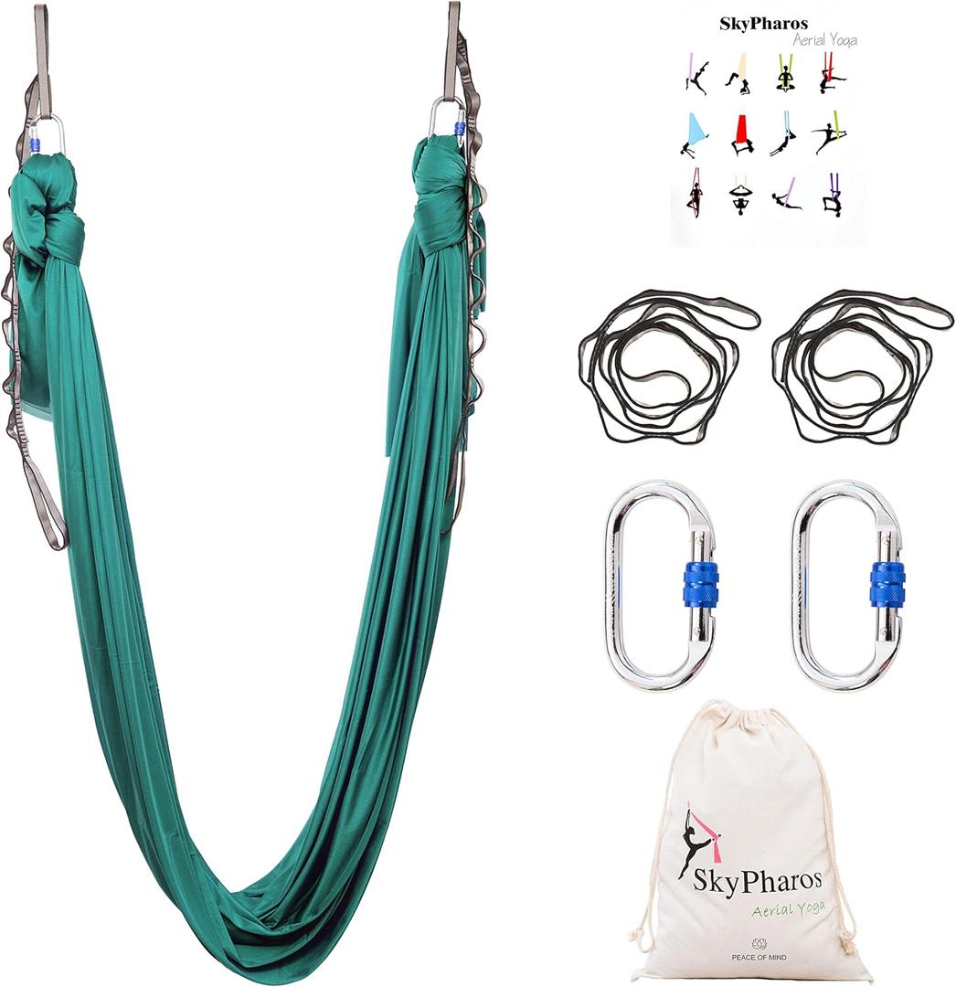 5.5 Yards Aerial Silks Yoga Swing Set - Aerial Yoga Hammock Kit Anti-Gravity Flying for Fitness, Low/Non Stretch Nylon Tricot Fabric Hardware Included for Dance (EMERALD GREEN)
