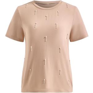 Women's Elegant Pearl Top Summer Crew Neck Short Sleeve Work Office T Shirts, Large