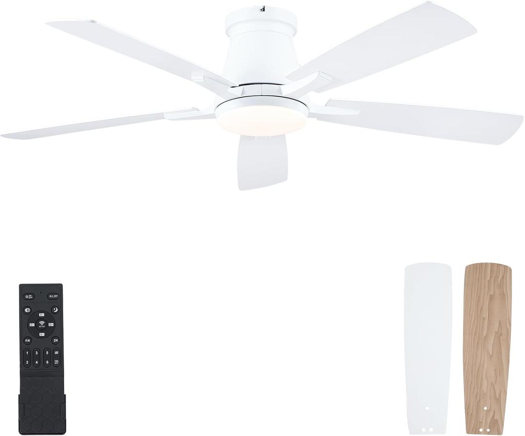 52" Ceiling Fans with Lights-Low Profile Ceiling Fan with Light and Remote/APP Control,Flush Mount,DC Reversible,LED Dimmable Ceiling Fans for Bedroom,Indoor/Outdoor Patio Use(White)