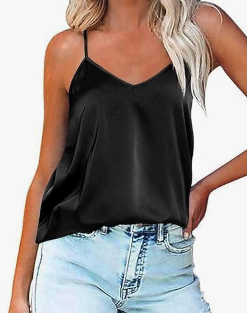 Ekouaer Womens Silk Satin Tank Tops V Neck Camisole Spaghetti Strap Top Summer Basic Blouse, M