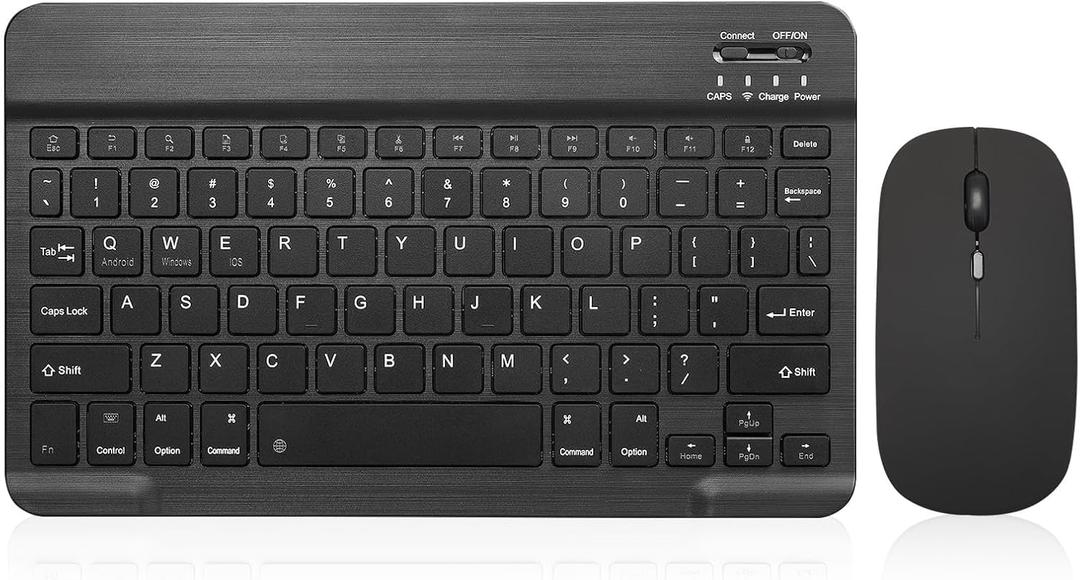Bluetooth Keyboard and Mouse Combo Rechargeable Portable Wireless Keyboard Mouse Set for Apple iPad iPhone iOS 13 and Above Samsung Tablet Phone Smartphone Android Windows (10 inch Black)