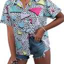 80s 90s Outfits for Women Retro Theme Party Disco Shirt 80s Hawaiian Shirt Neon Button Down Short Sleeve Blouse Tops