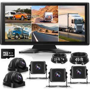 5 Channel Backup Camera System Dash Cam with 10.36" IPS Touch Screen Monitor Rear Side View 5 1080P HD Camera for RV/Truck/Van/Trailer, DVR Recording, Music Video Player, BSD Alert, 64GB Card