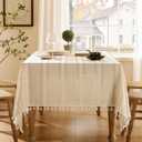 ZeeMart Hemstitched Embroidery Striped Boho Tablecloth 60x104 Inch Beige, Heavy Weight Farmhouse Burlap Linen Beige Tablecloth, Wrinkle Resistant Washable Table Cloth for Rectangle Table
