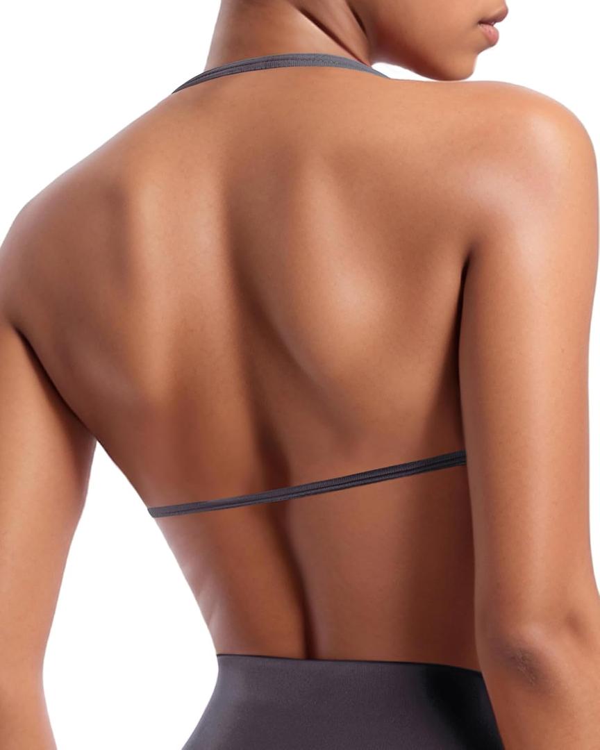 OMKAGI Halter Sports Bras for Women Padded Strappy Bra Open Back Workout Gym Crop (Purple, S)