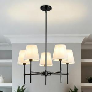 RUIYEY Dining Room Chandeliers Light - 5-Light 25.6 Inch Black Modern Chandeliers Light Fixtures with White Fabric Shade, Height Adjustable Pendant Island Lights for Entryway Farmhouse
