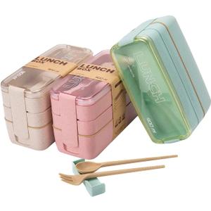 Rarapop 3 Pack Stackable Bento Box Adult Japanese Lunch Box Kit with Spoon & Fork, 3-In-1 Compartment Wheat Straw Meal Prep Containers (Green/Pink/Beige)