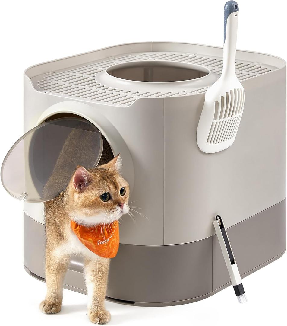 Feandrea Cat Litter Box with Lid, XL Enclosed Litter Box with Slide-Out Tray, Scoop, Brush, Anti-Tracking, for Cats of Different Sizes, Oatmeal and Warm Gray UPPT002G01 (21.3"L x 16.9"W x 15.7"H)