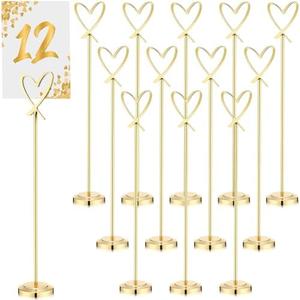 Kosiz 12 Pcs Table Number Holders 12 Inch Heavy Duty Place Card Holder Picture Holders for Tables Number Stands Picture Clips for Wedding Photos Menu Memo Notes Restaurant Birthday(Gold,Heart)