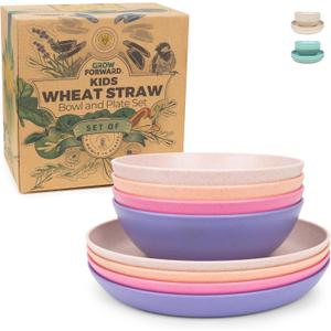 Grow Forward Wheat Straw Kids Plates and Bowls Sets - 8-Piece Unbreakable Dishwasher & Microwave Safe Plastic Plates for Kids - Reusable Non Toxic BPA-Free Dinnerware for Children - Floral