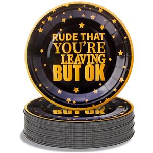 Pandecor 50 Pieces 7 inches Disposable Paper Plates Rude That You are Leaving But OK Cake Dessert Plates for Going Away Job Change Office Retirement Farewell Party Decorations (black)