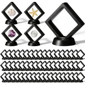 60 Pcs 3D Floating Display Case, Plastic Coin Holder with Stand for Challenge Coins, Medallions, Jewelry, Rocks and Specimens, 2.76x2.76x0.79 Inch Protective Frame, Black