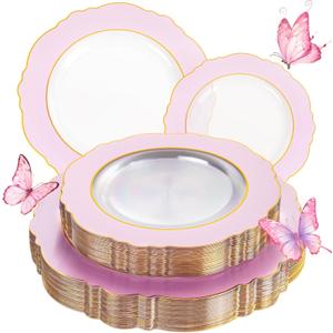 WDF 30Pcs Pink Plates Disposable with Gold Rim - Baroque Clear Pink and Gold Plastic Party Plates Ideal for Wedding/Baby Shower