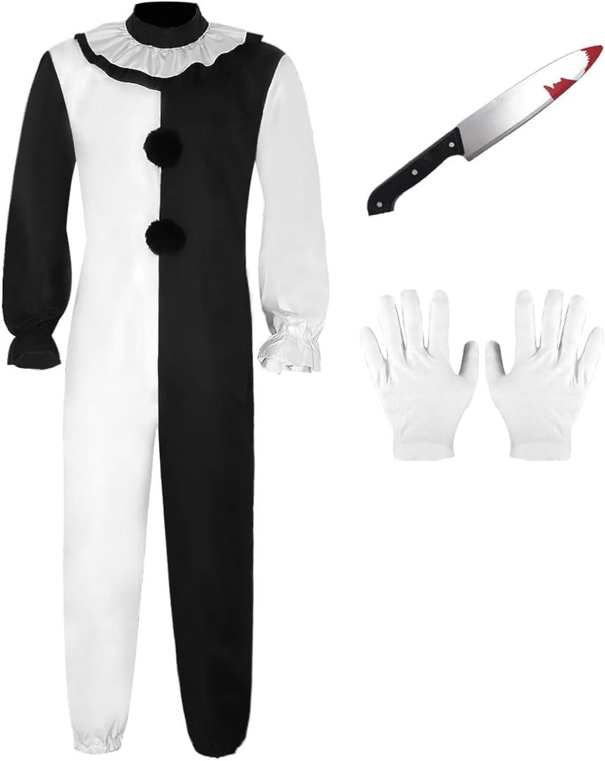 Adult Clown Costume Jumpsuit Costume Horror Movie Halloween The Killer Clown Outfits (X-Large, Black, White)