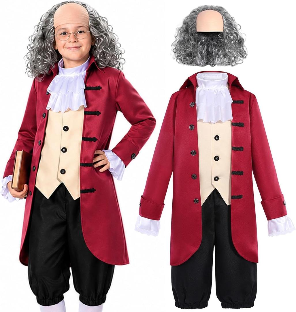 Gorkonpy Benjamin Franklin Costume Kids Boys Colonial Founding Father Ben Franklin Costume Kids (5-7 Years, Dark Red) Medium