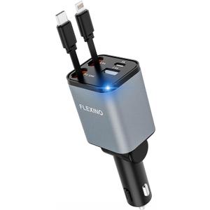 Flexino Retractable Car Charger for iPhone 16, 69W Fast Charging Car Charger USB C, Car Chargers with 2 Retractable Cords 2.6ft, Car Adapter for iPhone 16/15/14/13/12 Series, Galaxy (Grey)