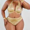 OYOANGLE Women's Plus Size Metallic Swimsuits Ring Linked High Waisted Bikini Set Halter Bathing Suits (Gold, XXL)