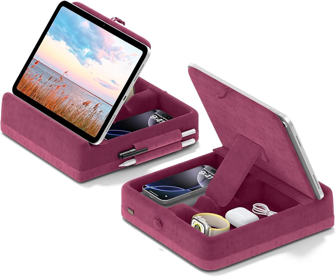 KDD Tablet Pillow Stand with Storage, Foldable iPad Holder for Lap, Desk and Bed, Angle Adjustable Soft Pad Dock with Stylus Mount Compatible with iPad Pro, Air, mini, Book, Phone and Tablet (4-13") (Dark Purple)