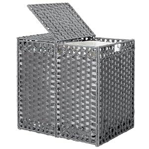 130L Foldable Laundry Hamper with Lid - Handwoven Rattan Storage Basket, 2-Section Clothes Hamper w/ 2 Removable Liner Bags, Easy Assembly, Portable for Bedroom Bathroom Dorm, Grey