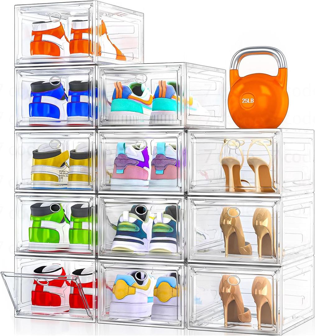 12 Pack Shoe Organizer, Stackable Shoe Storage Boxes with Magnetic Door