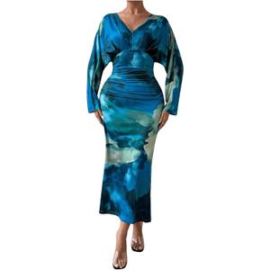 MakeMeChic Women's Tie Dye V Neck Ruched Dresses Dolman Sleeve Bodycon Slim Fitted Long Dress (Blue, XLarge)