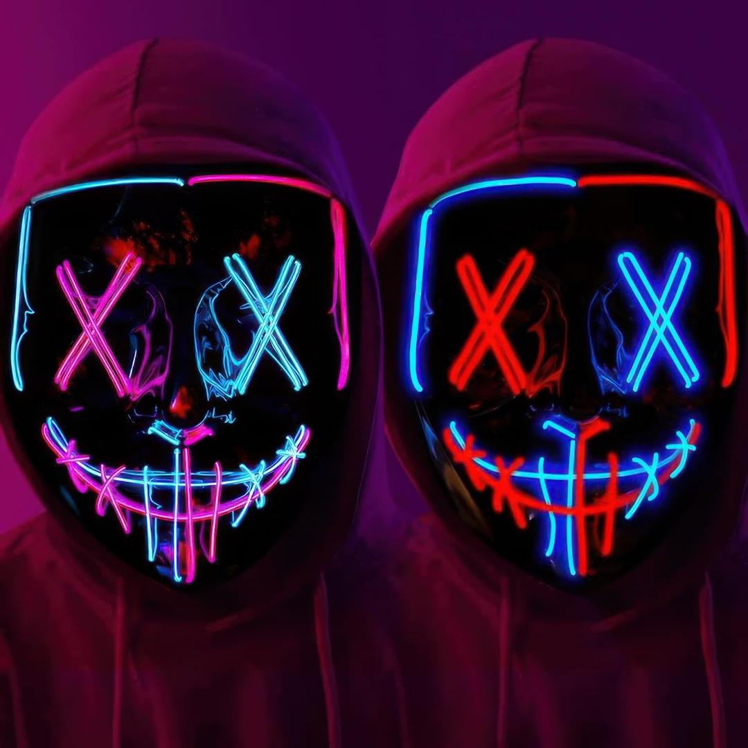 Halloween LED Light-Up Mask | Scary Glowing Design for Cosplay, Costume Parties, Masquerade & Carnival (Ideal Gift) (Red/Blue + blue/Pink 2pack)