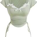 WDIRARA Women's Plus Size Bow Lace Trim Crop Tops 2 in 1 Asymmetrical Drawstring Ruched T Shirts (XL)