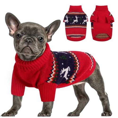 Queenmore Christmas Dog Sweater - Knitted Pullover Turtleneck Outfit, Warm Clothes for Small Dogs Boys or Girls L, Red