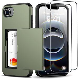 for iPhone 16e Wallet Case with Card Holder + 2 Tempered Glass Screen Protector Protective Shockproof Hidden Card Slot Slim Case Women Men for iPhone 16e 6.1"(Deep Green)