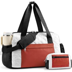 Puffer Gym Bag for Women, Quilted Weekender Bag for Travel, Lightweight Carry on Duffle for Sports Workout Dance Ballet Yoga Gymnastics Hospital with Wet Pocket, Beige-black-brown