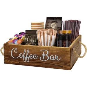 QUALLON Coffee Station Organizer with Small Removable Dividers, Wooden Coffee Bar Accessories Storage For Countertop, Farmhouse Kcup Coffee Pod Holder Basket With Handle For Coffee Lover