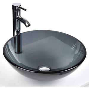 Bathroom Vessel Sink, Tempered Glass Vanity Round Bowl with Chrome Faucet and Pop up drain Set, Bluish Grey