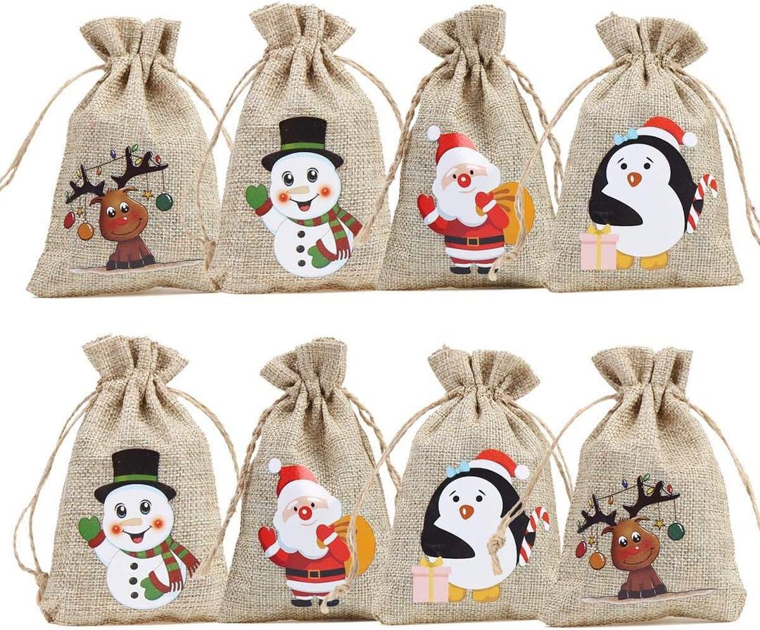 CCINEE 36pc Christmas Linen Bags with Drawstrings Christmas Burlap Goody Gift Bags with Double Jute Drawstrings, 4 designs Snowman, Santa Claus, Penguin and Reindeer