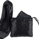 Women's Foldable Ballet Flats – Portable Flat Shoes for Travel and Wedding that Fit in Your Purse (XXL, Black Sequin)
