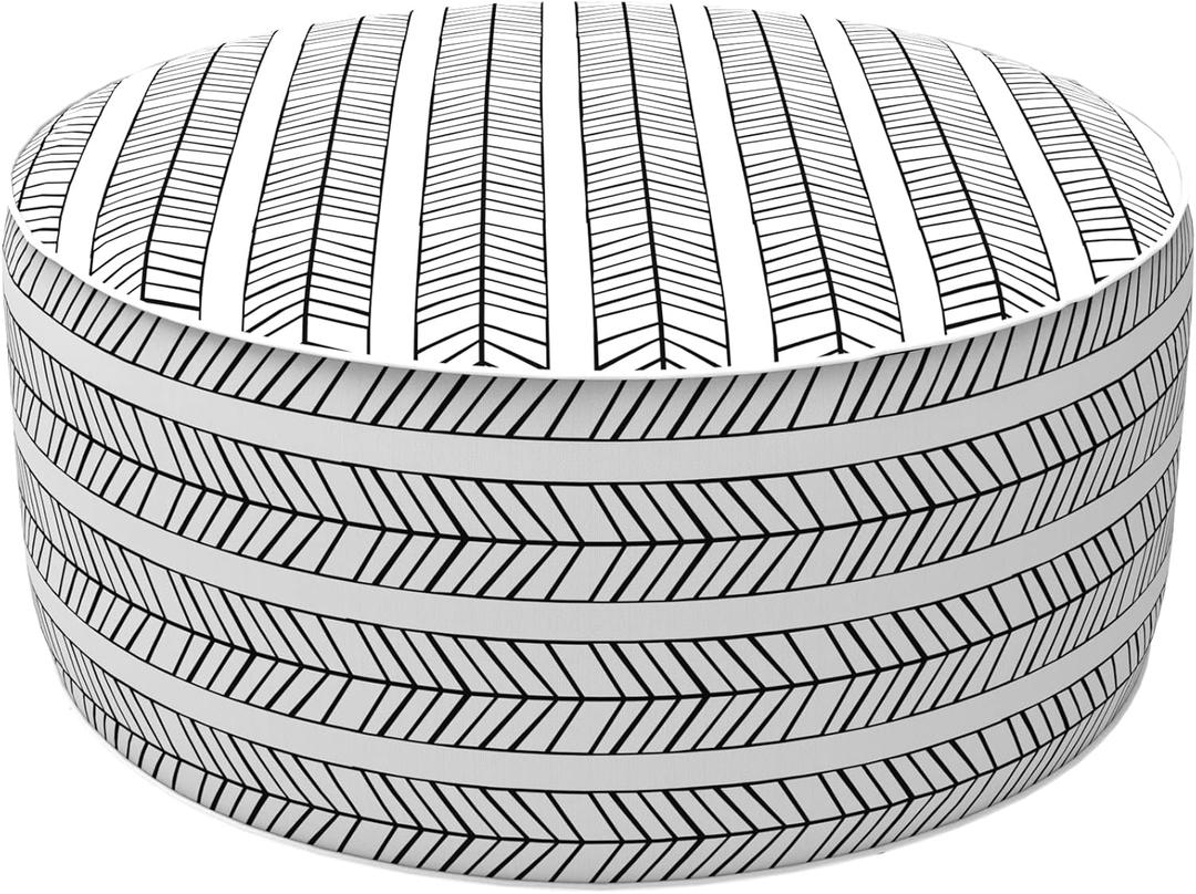 LVTXIII Outdoor/Indoor Inflatable Ottoman, Patio Footrest Stool, Portable Round Ottoman for Patio Garden, Camping or Home, Herringbone Black White (21"D x 21"W x 9"H)