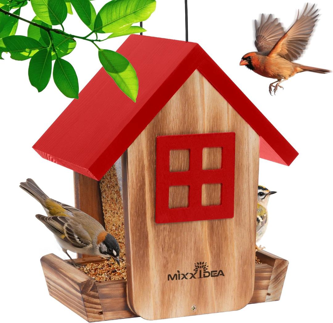 MIXXIDEA Bird Feeder for Outdoors Hanging, Wooden Bird Feeder House with Weatherproof Roof & Metal Tray, Attracting Wild Birds for Outside, Yard, Garden Decoration, Red