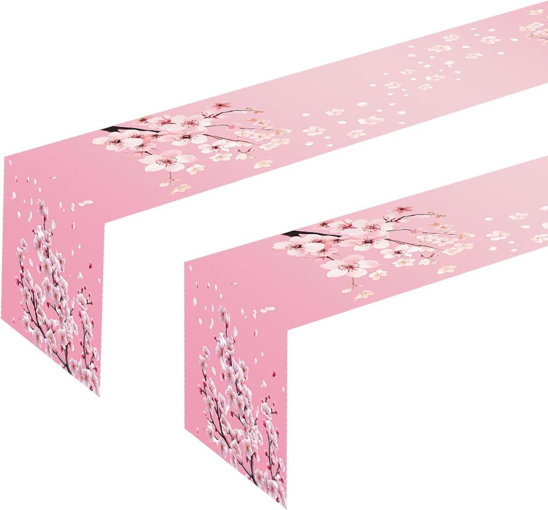 2Pcs Cherry Blossom Theme Table Runner Japanese Seasonal Spring Birthday Party Favors Supplies Table Decorations Table Cloth