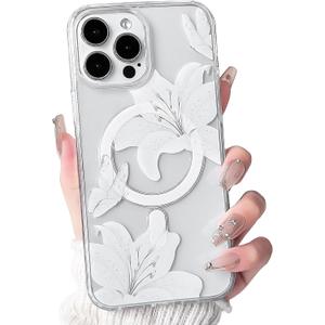4 x NITITOP Compatible with iPhone 14 Pro Max Case Clear Magnetic Compatible with MagSafe Cute Lily Flowers Floral for Women Girls Hard PC Back Shockproof Protective Phone Cover - White