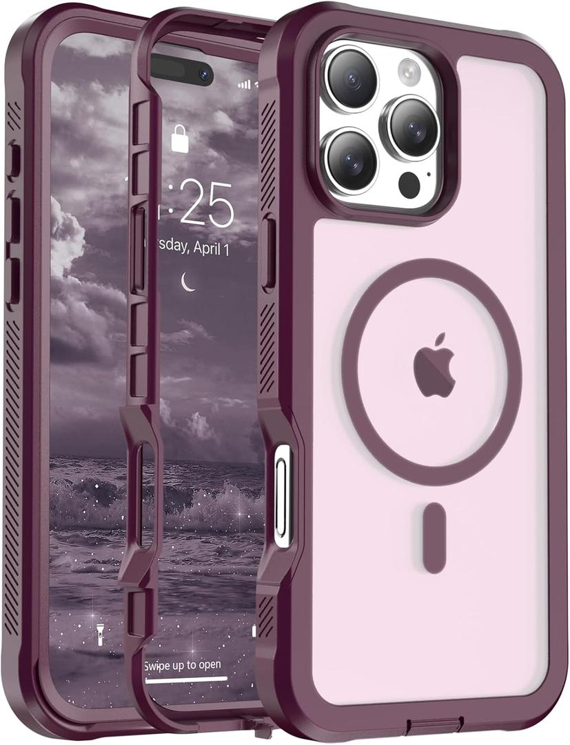 Magnetic for iPhone 16 Pro Max Case, [Compatible with MagSafe][Military Grade Drop Protection][Heavy Duty Protection][Non-Slip][Shockproof] 2-Layer Durable Bumper Phone Case 6.9''-Wine Red