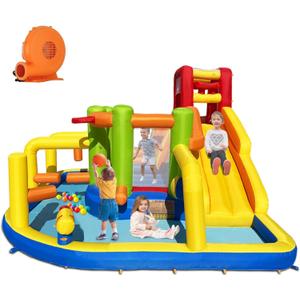 Inflatable Obstacle Bounce House, Kids Bounce House Water Park with Water Slides, Surprise Dump Bucket, Obstacles,Jumping, Tunnels, Climbing,Water Cannon, and Ball Shooting Frame