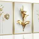 3Pcs Abstract Golden Flower Canvas Wall Art Modern Luxury Minimalism Nordic Floral Plant Painting Picture Wall Decor Poster Print Artwork for Living Room Bedroom Home Decoration Unframed (16x24in)