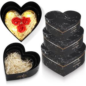 Glenmal 3 Pcs Father's Day Heart Shaped Gift Boxes with Lids 100g Shredded Paper Fill Nesting Heart Flower Boxes for Wedding Birthday Baby Showers Present Packaging(Black Marble)